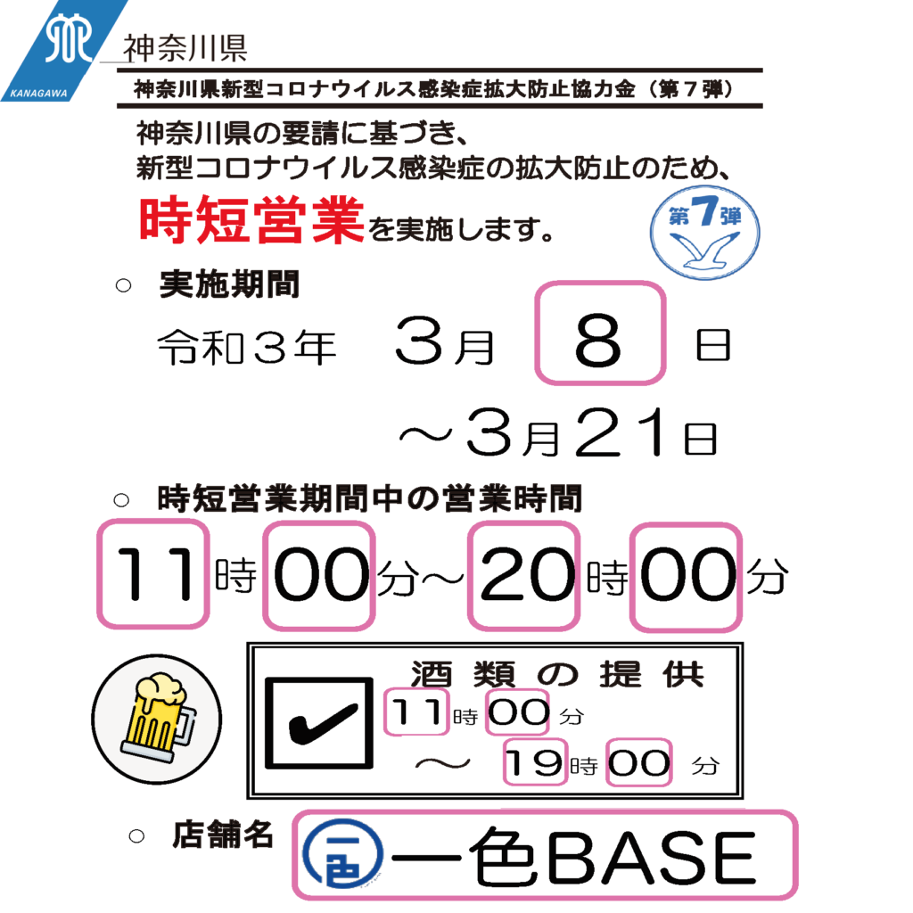 時短営業は3月21日まで、夜7：30オーダーストップ